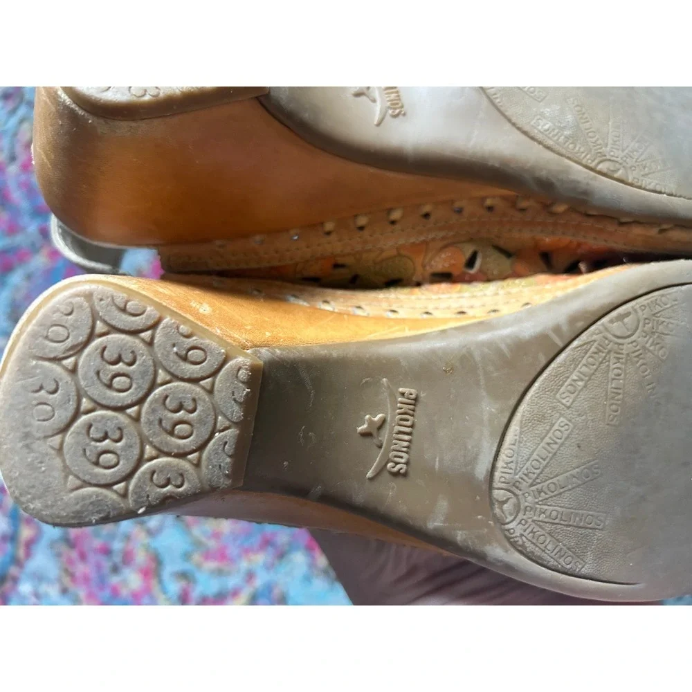 Pikolinos Wedge Sandals Tan Floral Laser Cut Leather Slingback Clogs Bohemian